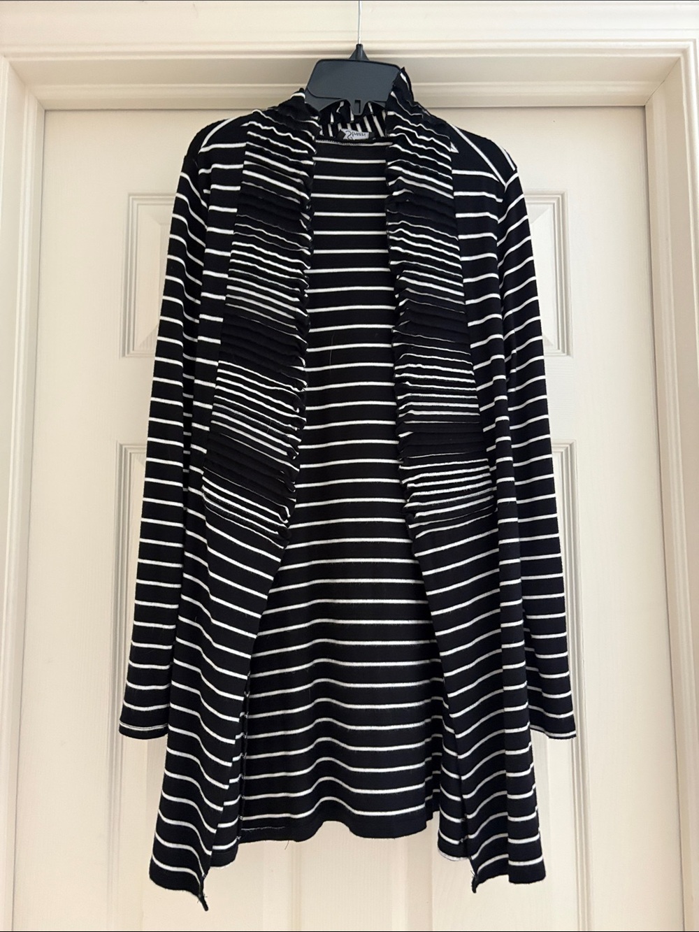 Strazzi Black & White Striped Open Front Cardigan with Ruffle Detail